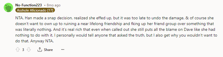 NTA - she still puts all the blame on Dave