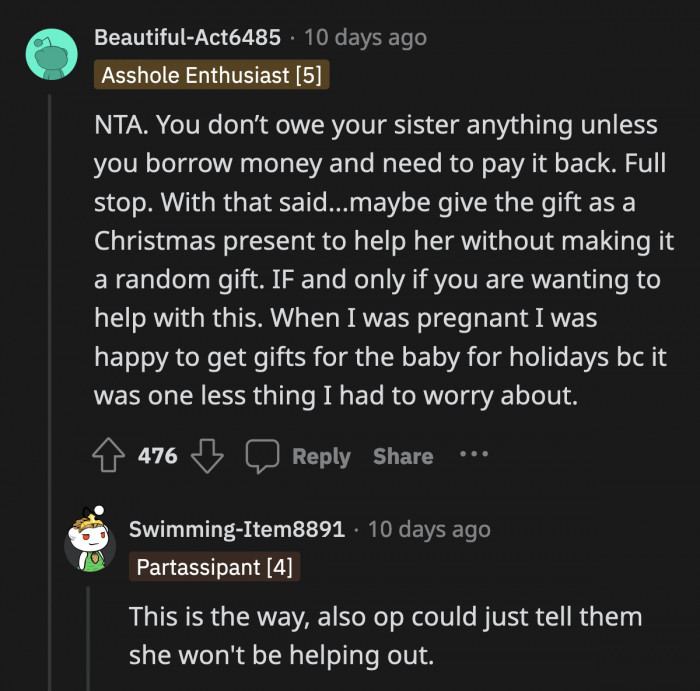 She has to make it clear to her mom and Katrina that the pram is a gift, not assistance they can keep expecting.