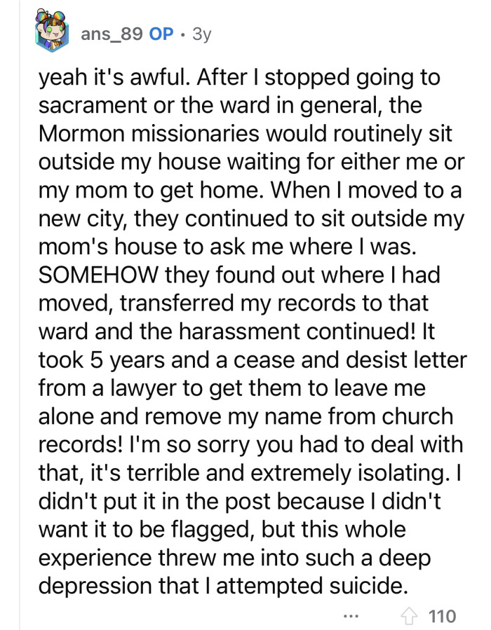 This experience made OP suicidal and threw her into a deep depression.