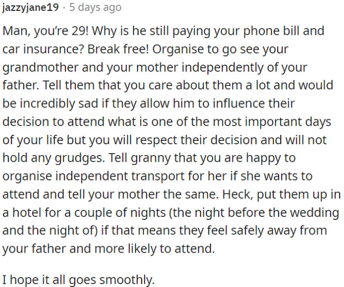 OP should visit his grandmother and mother separately, express his love, and explain the importance of his wedding.