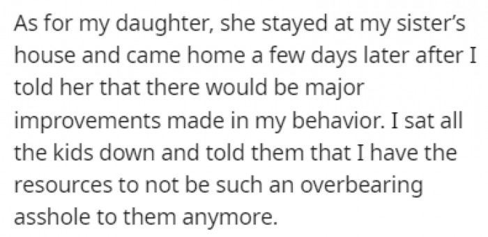 The daughter returned home a few days later, and OP reassured her that things were going to change