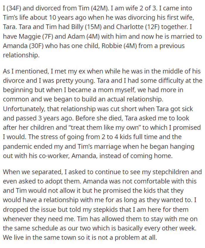 OP starts off her post by explaining the family dynamic a little bit because, obviously, this is the most confusing part. Then she goes into detail about the stepkids and what agreement they have there.