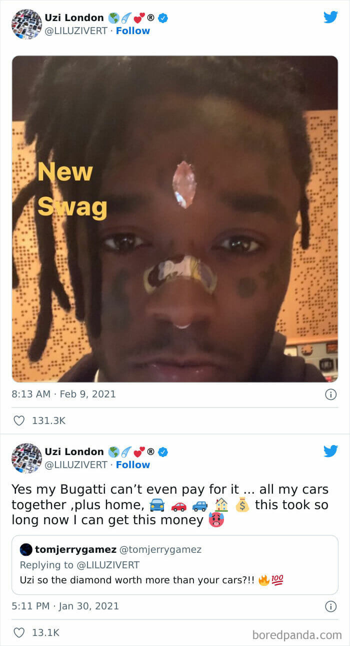 19. Rapper Lil Uzi Has a Pink Diamond Implanted in His Forehead. The Diamond Is Said to Be Worth More Than His Cars and Home Put Together
