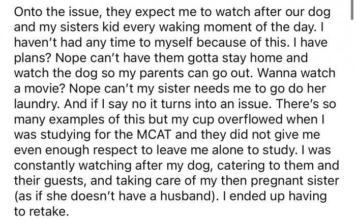 OP's parents expect them to constantly watch over their family dog and siblings.