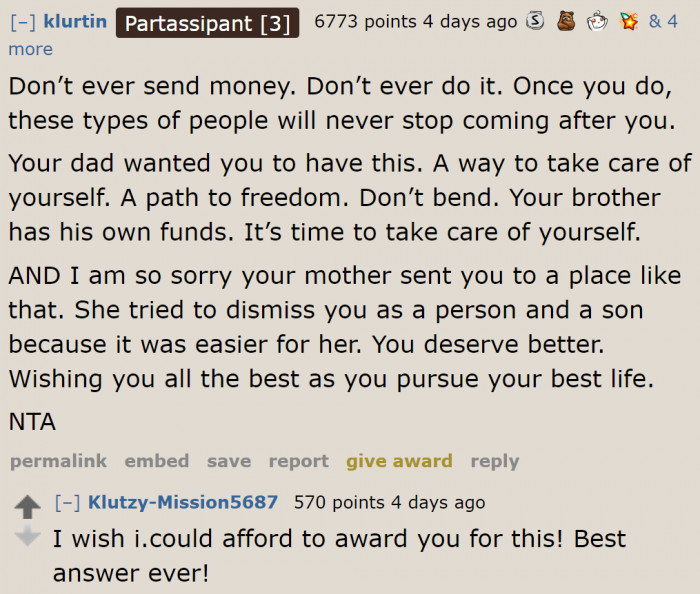 Redditors support what he did. It's his money, after all.