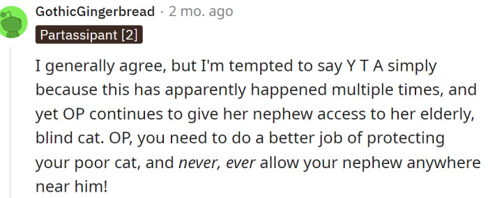 The OP needs to protect their cat better and keep it away from the nephew: