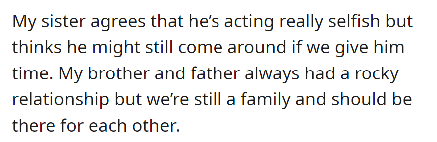 Sister agrees brother is selfish, hopes time will mend things. Despite a rocky relationship, she emphasizes family support.
