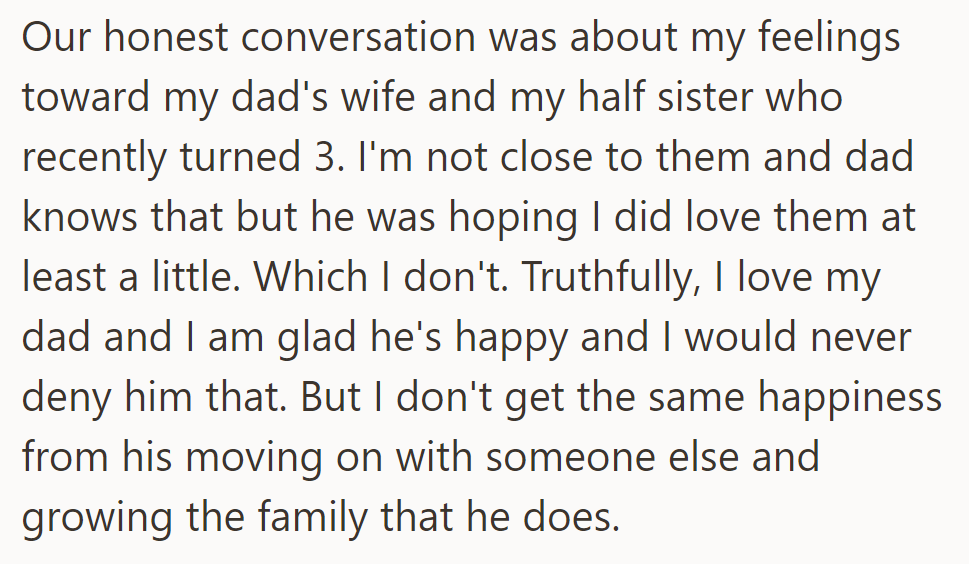 OP loves her dad but isn't close to his wife and daughter, and doesn't share his excitement about growing the family.