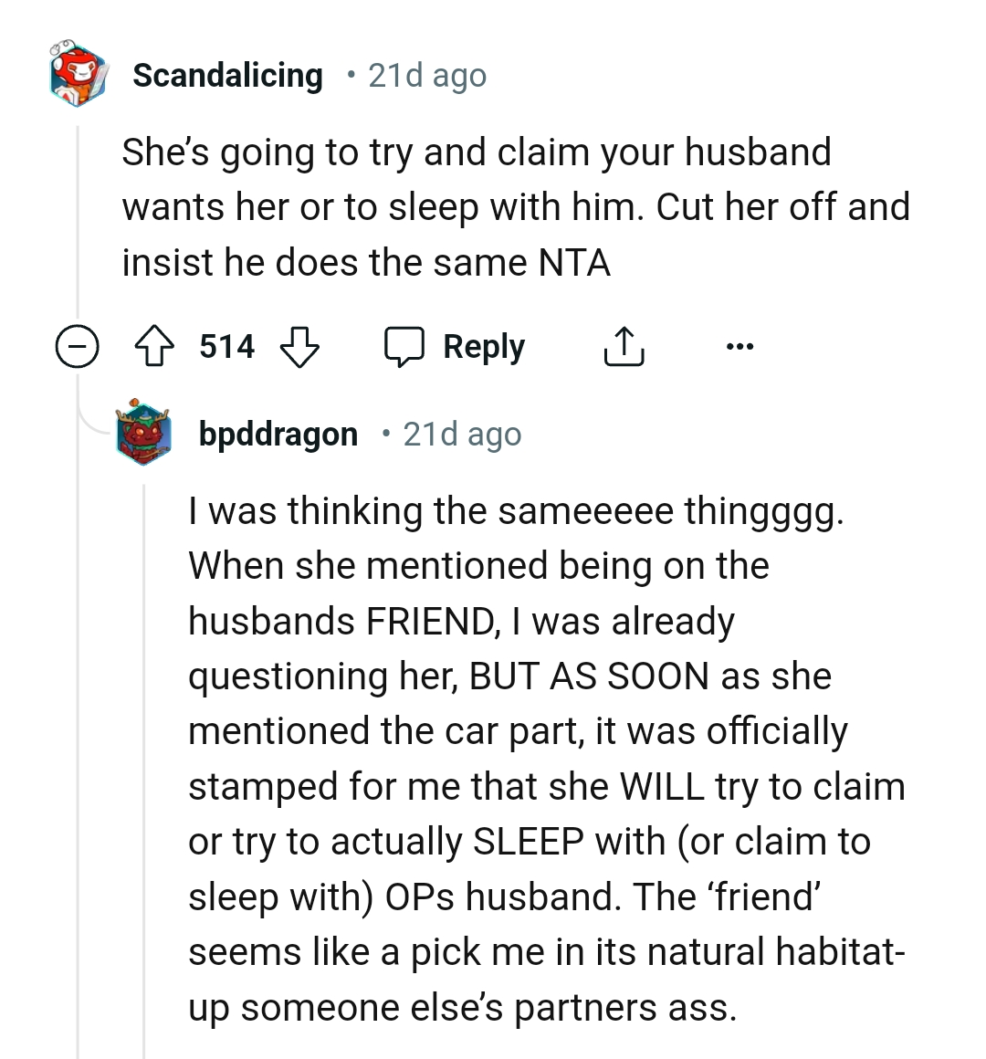 Cutting her off and insisting that her husband does the same