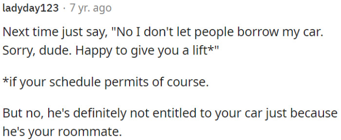 OP Needs to Politely Decline to Lend His Car to His Roommate, Making It Clear That Being Roommates Doesn't Automatically Grant Access to OP's Vehicle