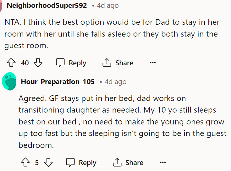 People think that maybe the dad should prepare her for staying by herself a bit more before just saying that she can sleep with him.