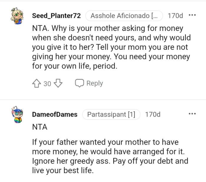 Telling her mom she's not giving her any money