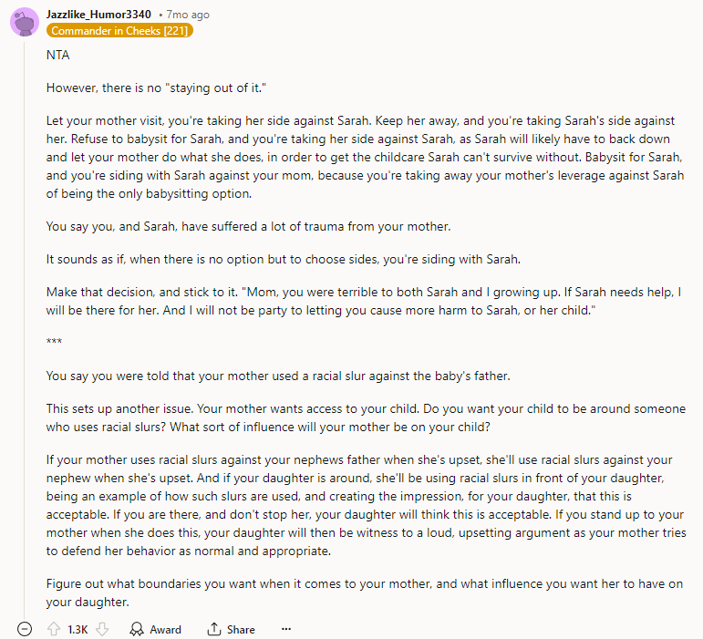 You say you were told that your mother used a racial slur against the baby's father.