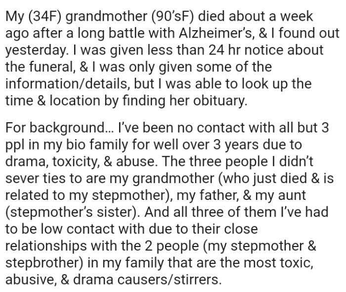 The OP has been no contact with all but three people in her biological family for well over three years