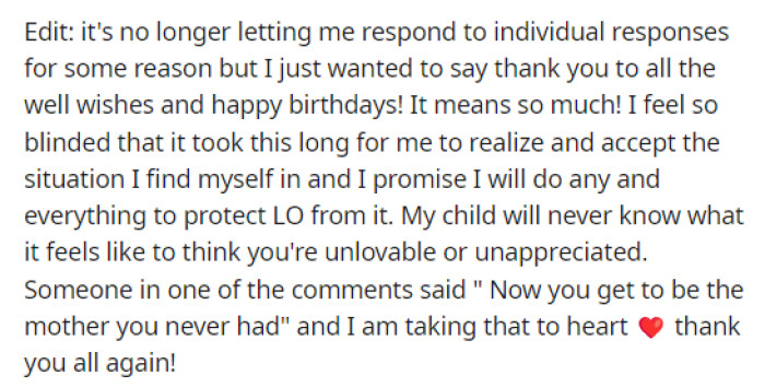 We're starting this off with an edit that OP posted after she read more of the comments.