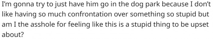 OP is going to try to make the dog wait until they get to the dog park, but asks if they are the a-hole here