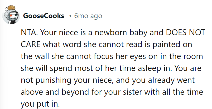 Newborns aren't critics of nursery decor. He's done his part; it's time for his sister to handle it.