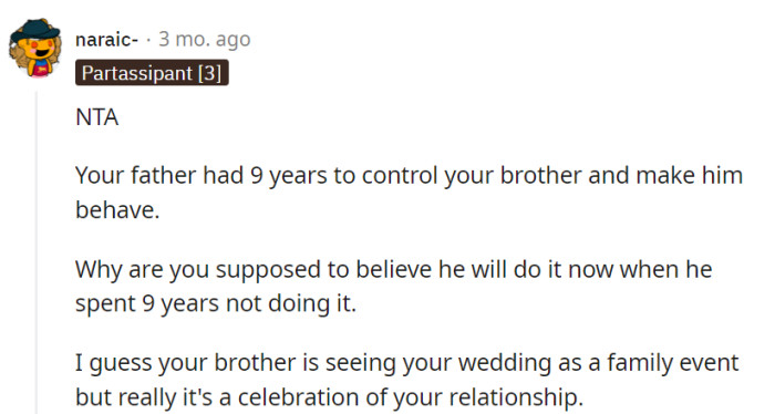 Nine years of no change, but now her wedding is expected to work miracles? It's her celebration, not a family intervention.
