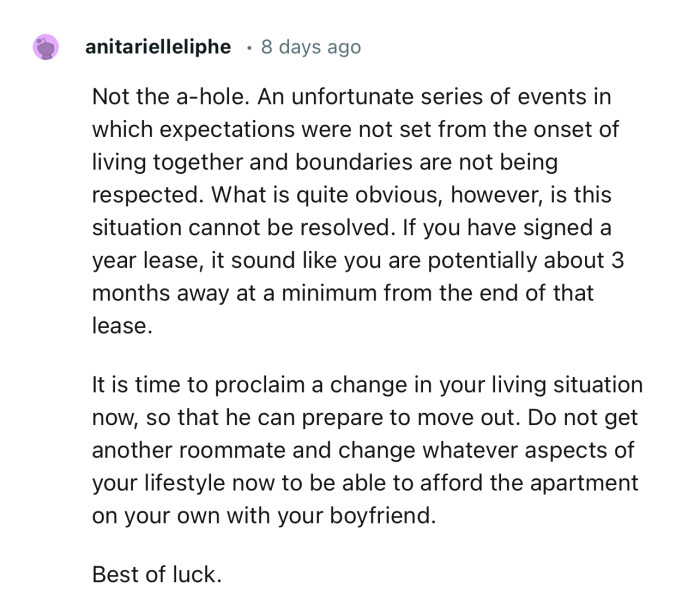 “It is time to proclaim a change in your living situation now, so that he can prepare to move out.”