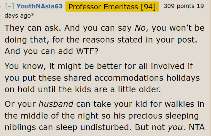 I don't think any compromise should be made in this situation. If they have a problem with kids waking up at odd times, then they shouldn't have agreed to share accommodation.