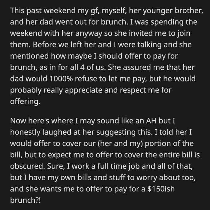 Compared to his family where offers to pay for the bill are met with no protests