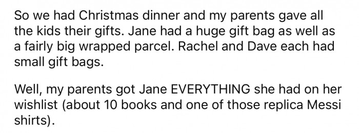 OP's parents got her biological daughter everything on her wishlist, but only one item each for her adopted kids.
