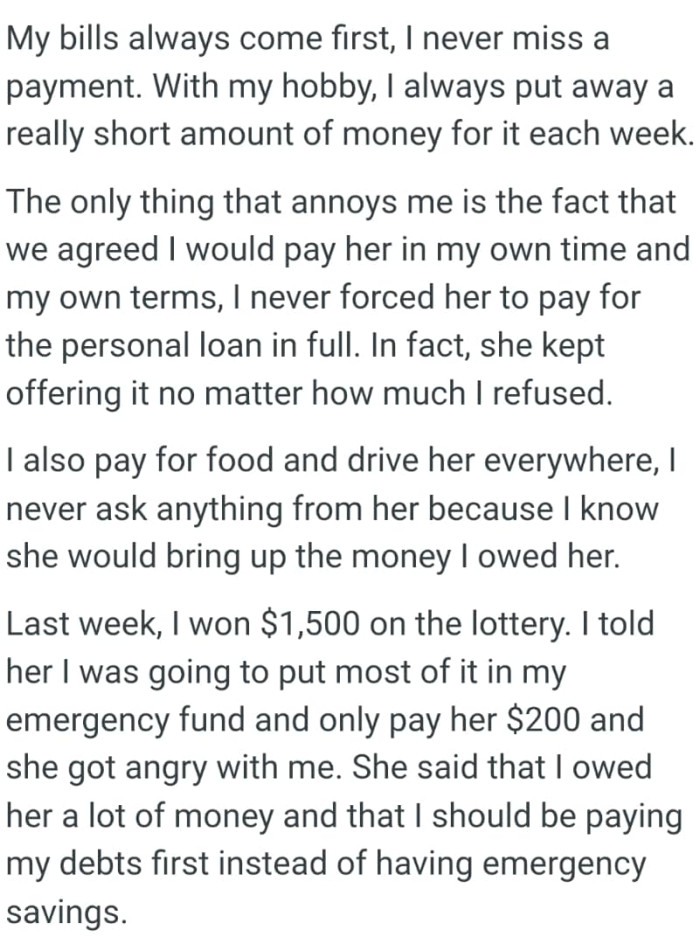 The OP agreed he would pay her in his own time