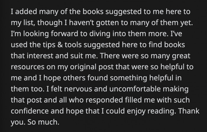 Reddit is a wholesome space from time to time, and OP's post will certainly help someone else dabble in casual reading