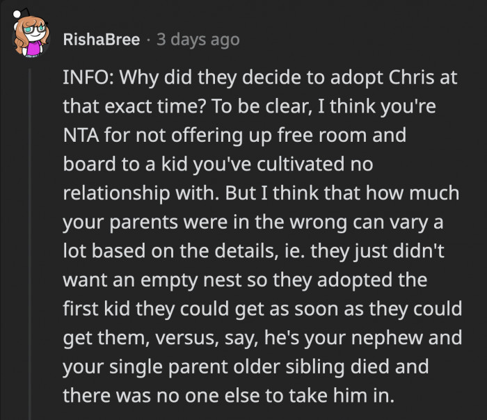 For extra information, someone asked why his parents decided to adopt at the time before he had to go to college.