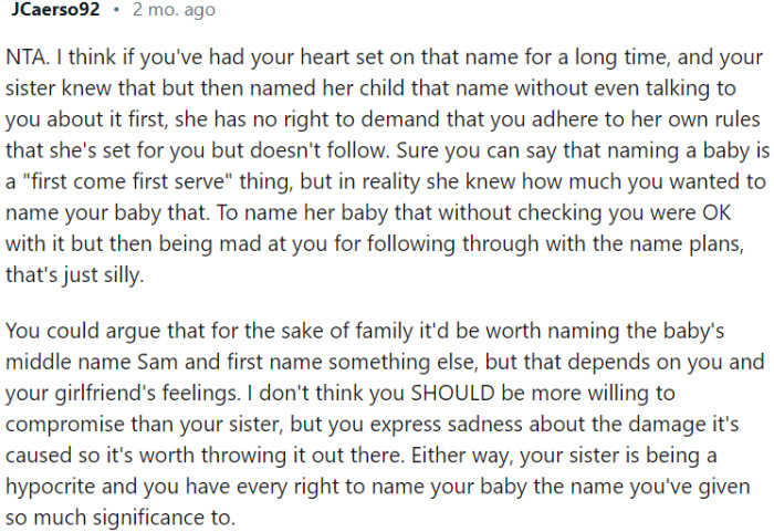 It's unreasonable for OP's sister to be upset when OP proceed with his name plans