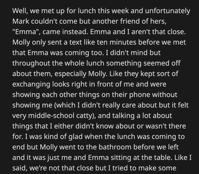 Emma confronted OP about questioning Molly's feelings about her pregnancy. She said Molly was mad at OP because of it.
