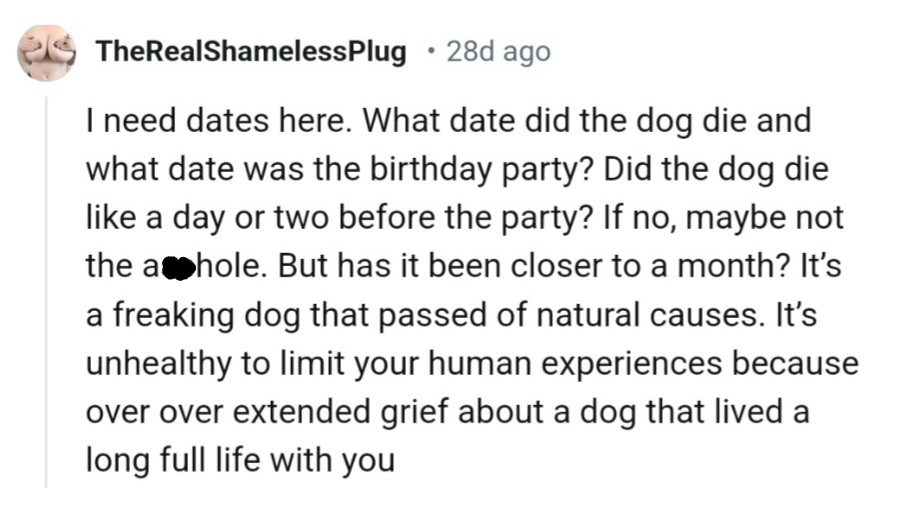“It’s unhealthy to limit your human experiences because of over extended grief about a dog that lived a long full life with you.”