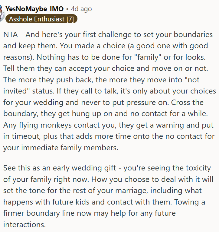 Setting firm boundaries now will protect OP's wedding and future family life.