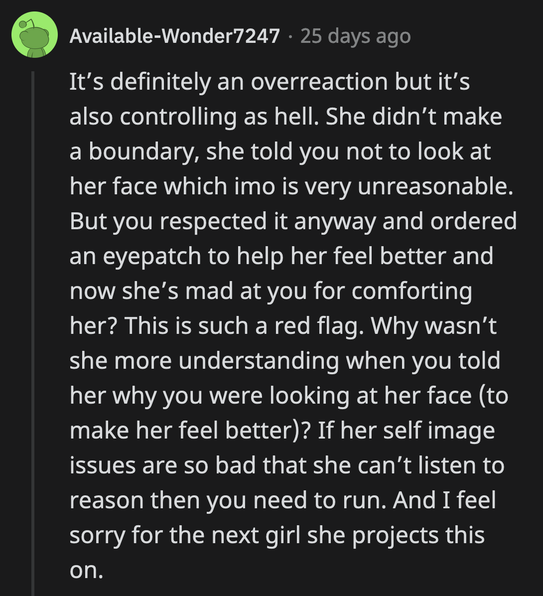 J telling OP not to look at her was unreasonable and controlling.