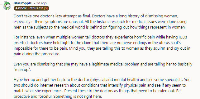 Hype her up and get her back to the doctor,