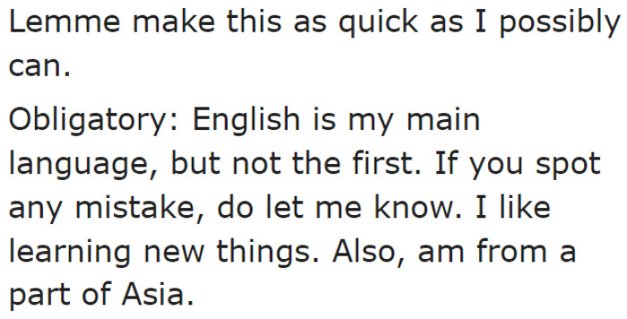 The OP tells the community that she's from Asia.