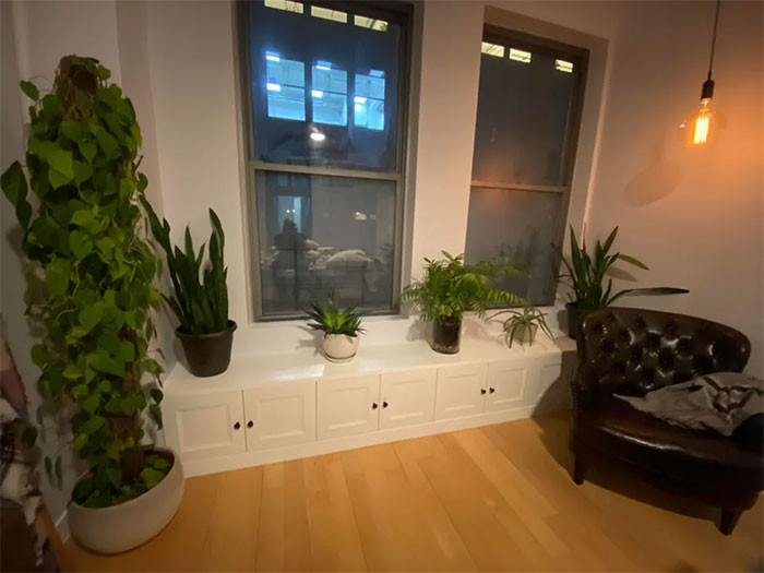 35. Window benches with storage made from Sektion over-fridge cabinets, 2x4 bases with baseboards, and 2x6 appearance boards on top