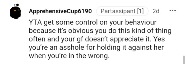 You're an AH for holding it against her