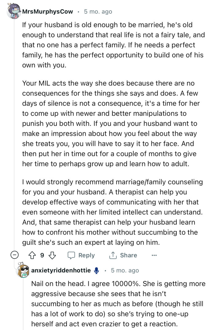 “I would strongly recommend marriage/family counseling for you and your husband.”