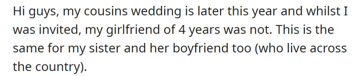 The OP explained that their cousin didn't invite their partner to the wedding: