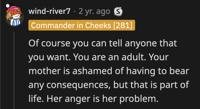 Mom's overblown reaction has everything to do with her guilt. That's not for OP to manage.
