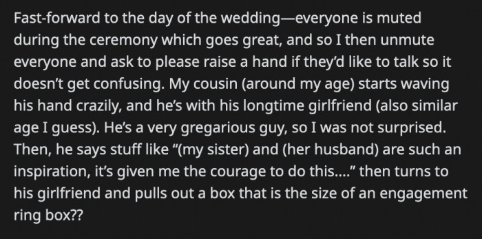 The guests accepted this and resumed their conversations, including the newlyweds