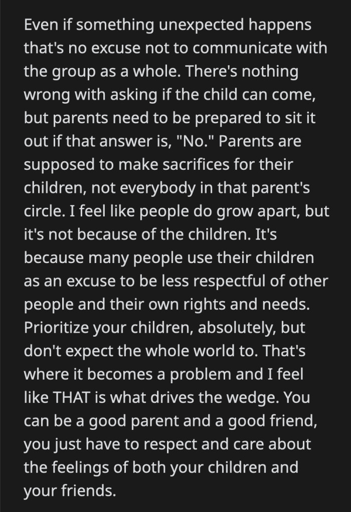It was wrong to assume that the group would cater to her kid when they were set on having a wine night. That automatically makes it a child-free night.