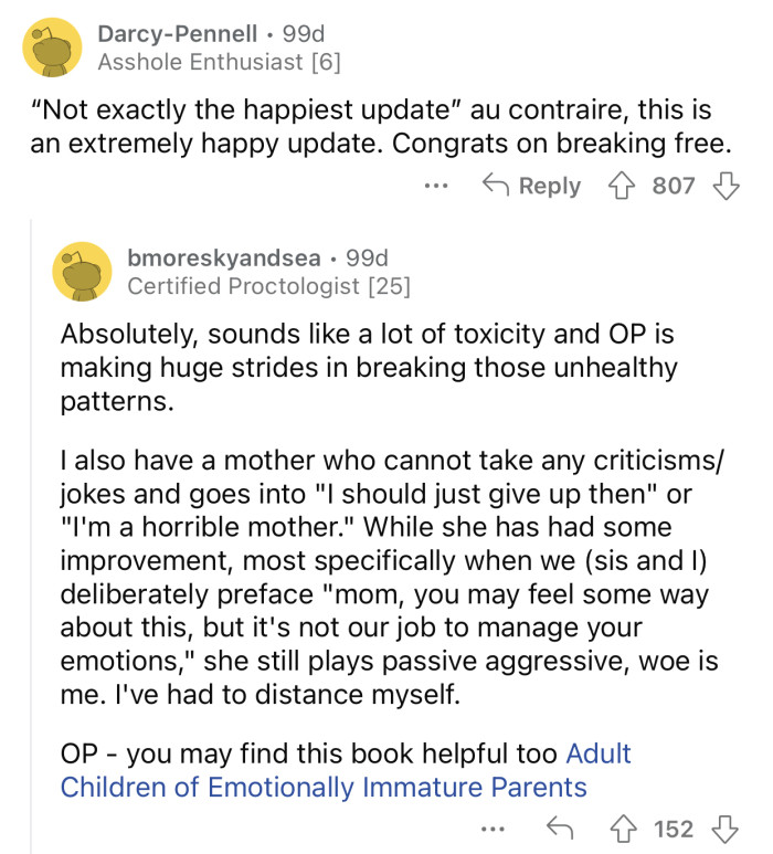 It's a happy update, and OP should be proud of herself.