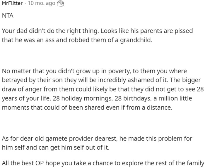 Despite OP not experiencing poverty, her grandparents feel betrayed and mourn the lost opportunity to be part of her life.