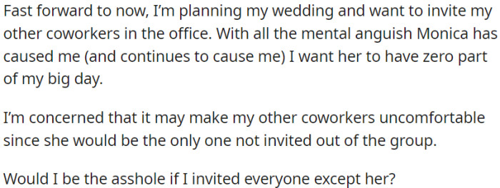 OP is wondering if it is wrong to invite everyone except her?