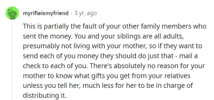 Their family should send money directly; why let mom play middleman with the gifts? Time for a more direct approach.