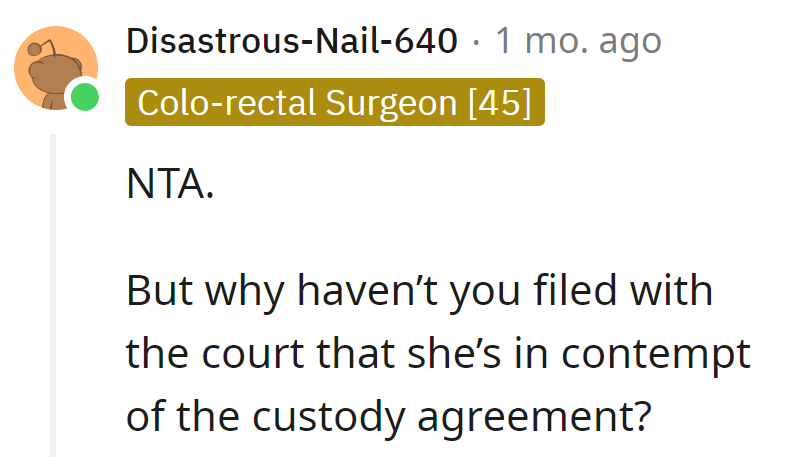 Because courtrooms are for legal battles, not playground squabbles. She's in custody agreement contempt, not a game of tag.