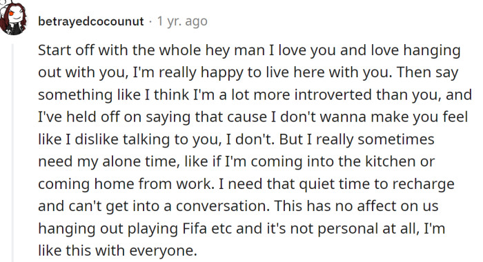 A Redditor told the OP to talk with his roommate and explain his feelings