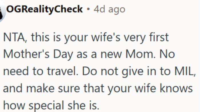 OP's wife's first Mother's Day should be about her, not the in-laws